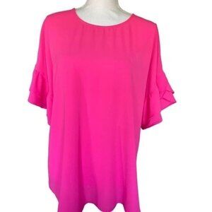 Pleione Blouse Size M Hot Pink Ruffled Tiered Short Sleeves Top